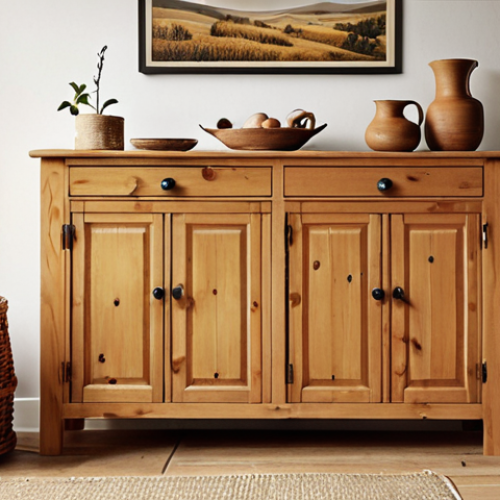 Home 11 **
A cozy living room blending rustic and Scandinavian styles. Focus on a solid pine sideboard with a honey color finish and visible wood grain. Incorporate natural textiles like linen and cotton, with wrought iron and handcrafted ceramic details. The overall color palette should be warm and inviting, evoking a countryside feel.
**
