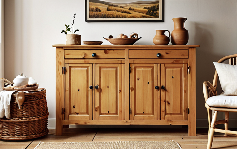 **
A cozy living room blending rustic and Scandinavian styles. Focus on a solid pine sideboard with a honey color finish and visible wood grain. Incorporate natural textiles like linen and cotton, with wrought iron and handcrafted ceramic details. The overall color palette should be warm and inviting, evoking a countryside feel.
**
