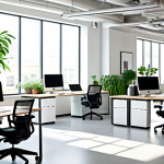 **Ergonomic Workspace:** A modern, bright office space designed for collaboration and creativity, featuring ergonomic chairs, modular desks, natural lighting, and green plants.