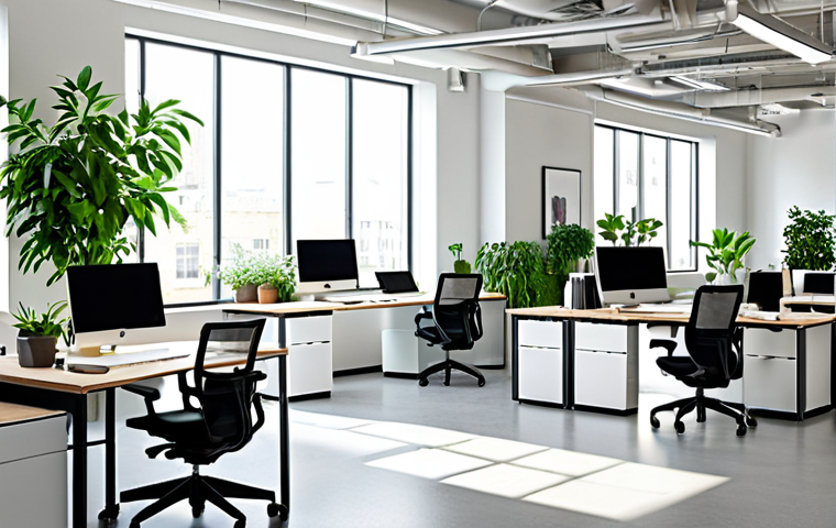 **Ergonomic Workspace:** A modern, bright office space designed for collaboration and creativity, featuring ergonomic chairs, modular desks, natural lighting, and green plants.