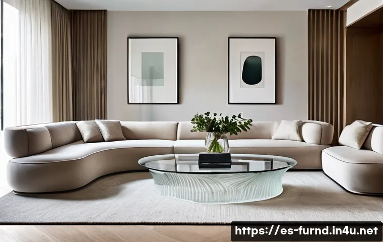 가구디자인에서 유리 활용법 - **Prompt:** A modern, minimalist living room bathed in soft, natural light, featuring a sculptural c...
