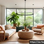 가구디자인과 거실 인테리어 - A cozy living room interior featuring solid wood furniture with a matte finish, natural rattan chair...
