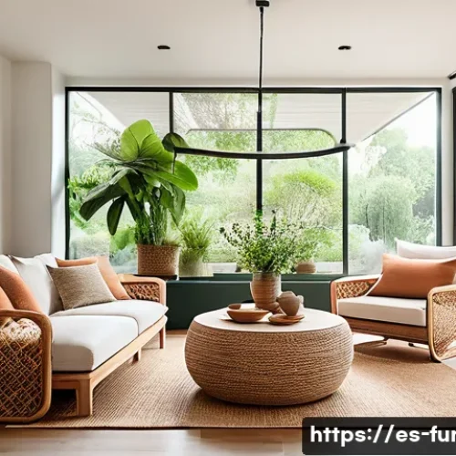 가구디자인과 거실 인테리어 - A cozy living room interior featuring solid wood furniture with a matte finish, natural rattan chair...