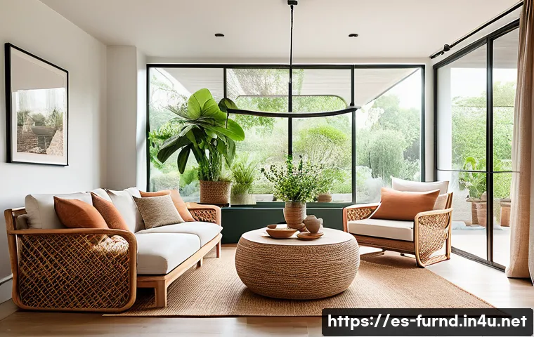 가구디자인과 거실 인테리어 - A cozy living room interior featuring solid wood furniture with a matte finish, natural rattan chair...