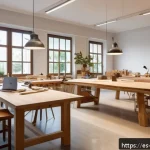 가구디자인 커리어 로드맵 - A modern furniture workshop interior in Spain, well-lit with natural sunlight streaming through larg...