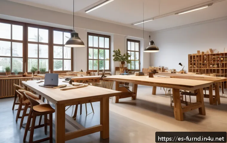 가구디자인 커리어 로드맵 - A modern furniture workshop interior in Spain, well-lit with natural sunlight streaming through larg...