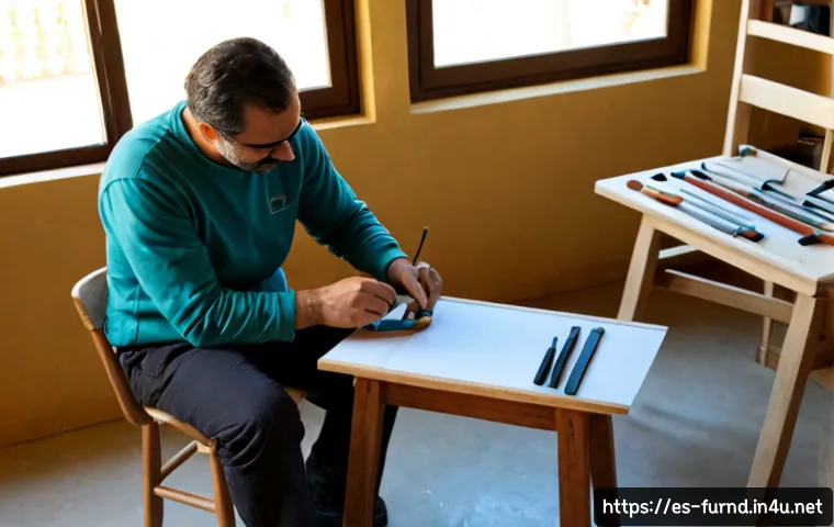 가구디자인 제품 매뉴얼 제작법 - Photorealistic furniture designer in a bright Spanish workshop, carefully assembling a clean wooden ...